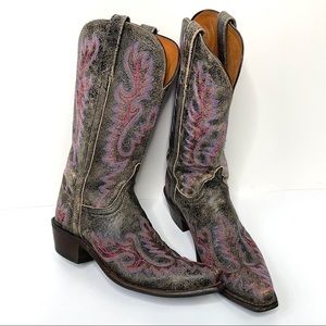 Lucchese 1883 Western Distressed Black with Pink and Lavender Stitching Size 7
